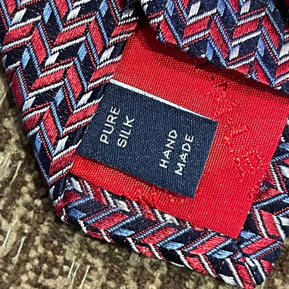 TM Lewin Jermyn St London Mens Silk Tie Red Blue Geometric Arrow‎ Preppy Office